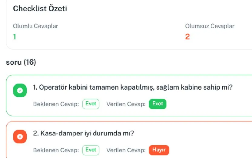 MetaDamper checklist özeti — her soruda beklenen cevap ile verilen cevabın karşılaştırılması, kasa-damper durumu sorusunda olumsuz cevap